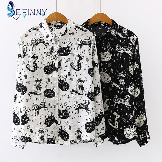 Women Shirt Cat Pattern Printed Personality Tops and Blouses Fashion Office Lady Long Sleeve Clothes White Black