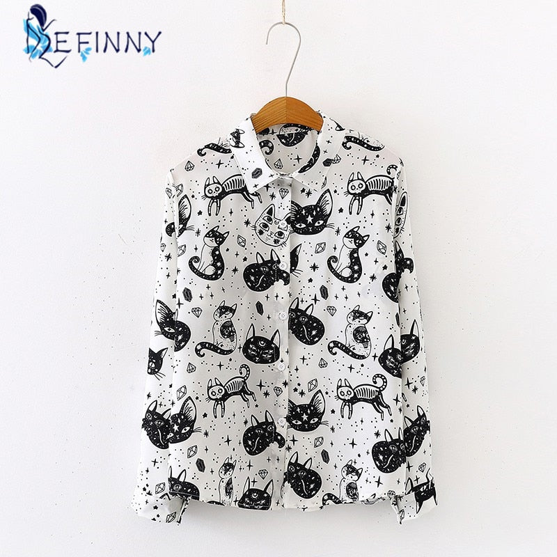 Women Shirt Cat Pattern Printed Personality Tops and Blouses Fashion Office Lady Long Sleeve Clothes White Black