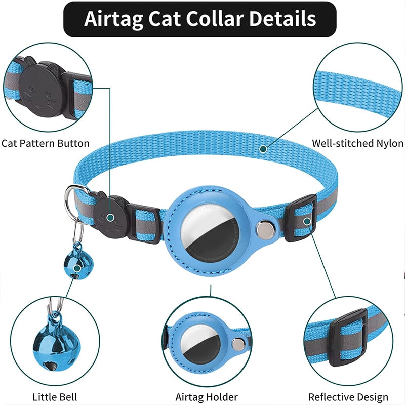 Reflective Anti-lost Pet Tracking Collar with Bell Pendant and Airtag Holder