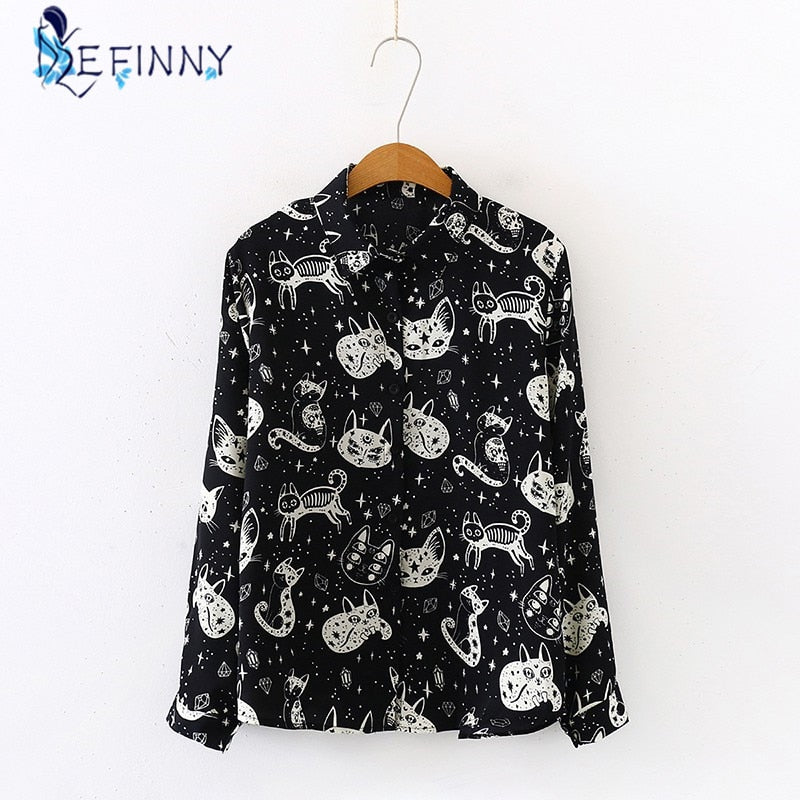 Women Shirt Cat Pattern Printed Personality Tops and Blouses Fashion Office Lady Long Sleeve Clothes White Black